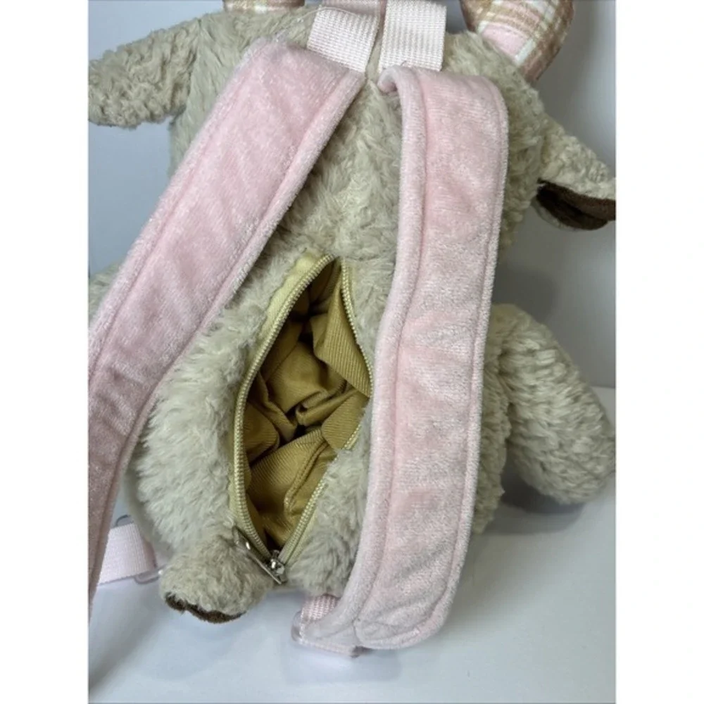 Tan Moose Plush Backpack‎ Pink Plaid Antlers Sherpa Faux Fur Stuffed Animal Bag